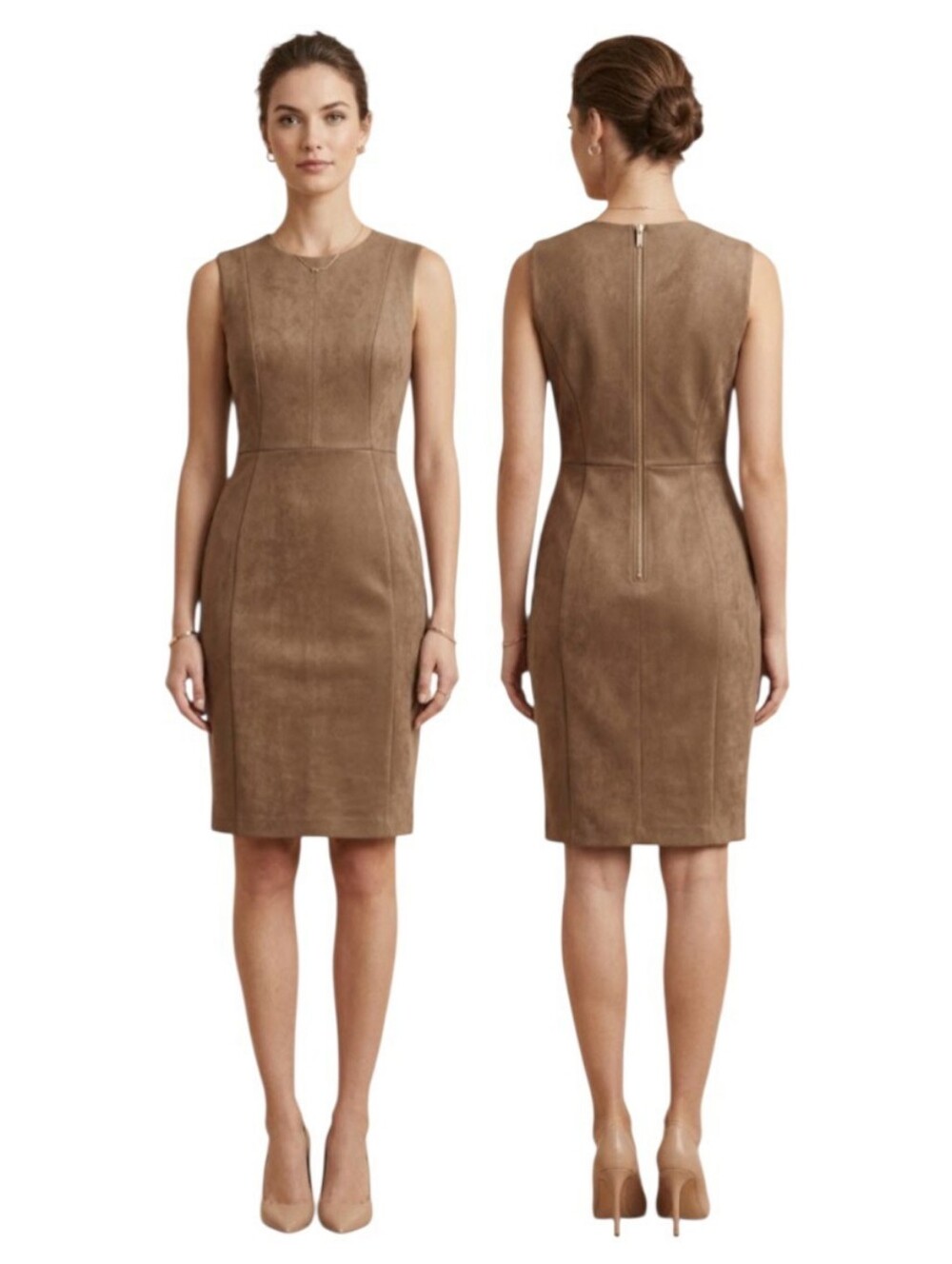 Calvin Klein Sleeveless Faux Suede Midi Sheath Dress in the camel/tan Shade,NWT